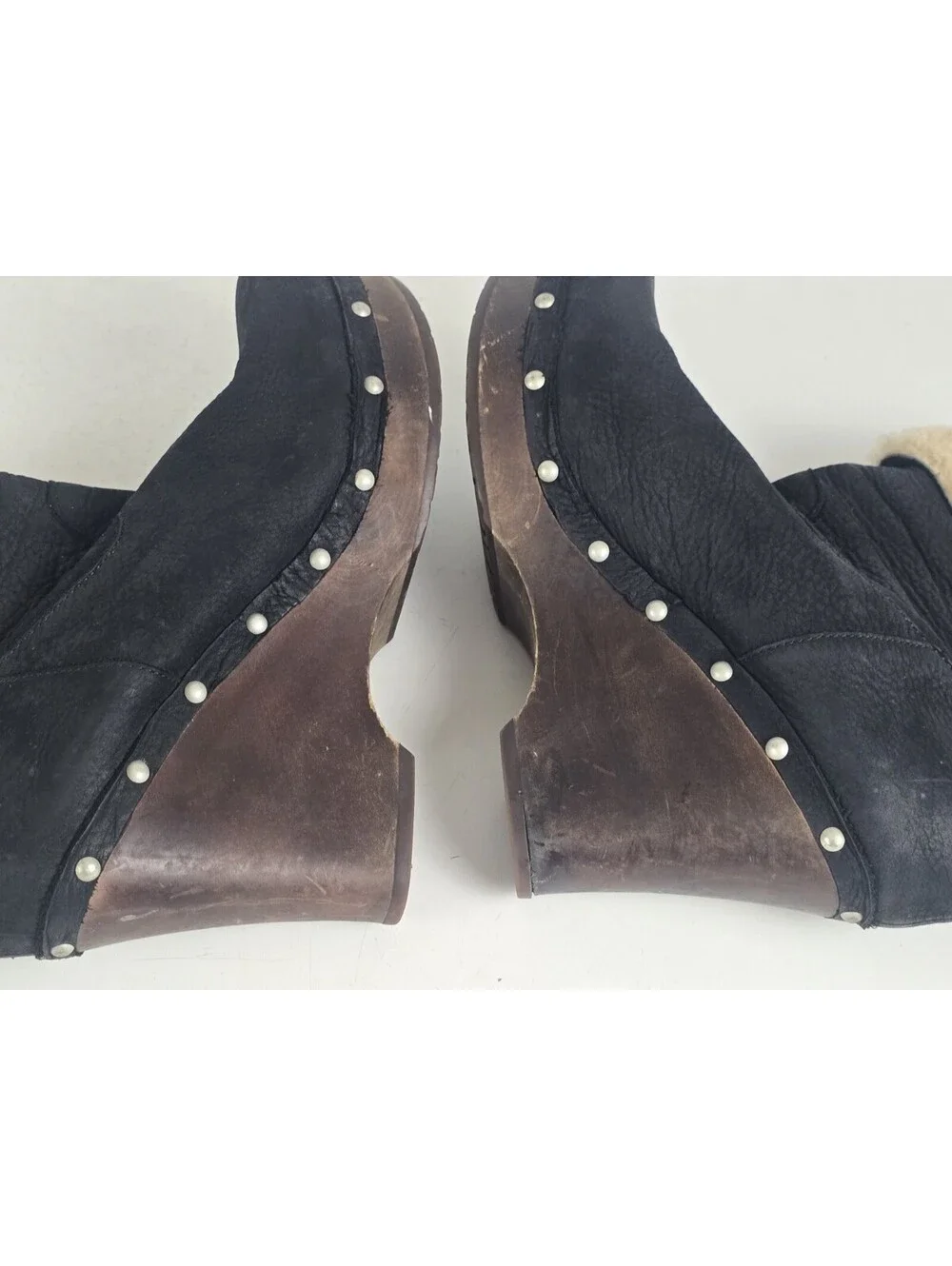 UGG Australia Black Leather Shearling Wedge Clog Boots Studded Wood Heel Size 11
